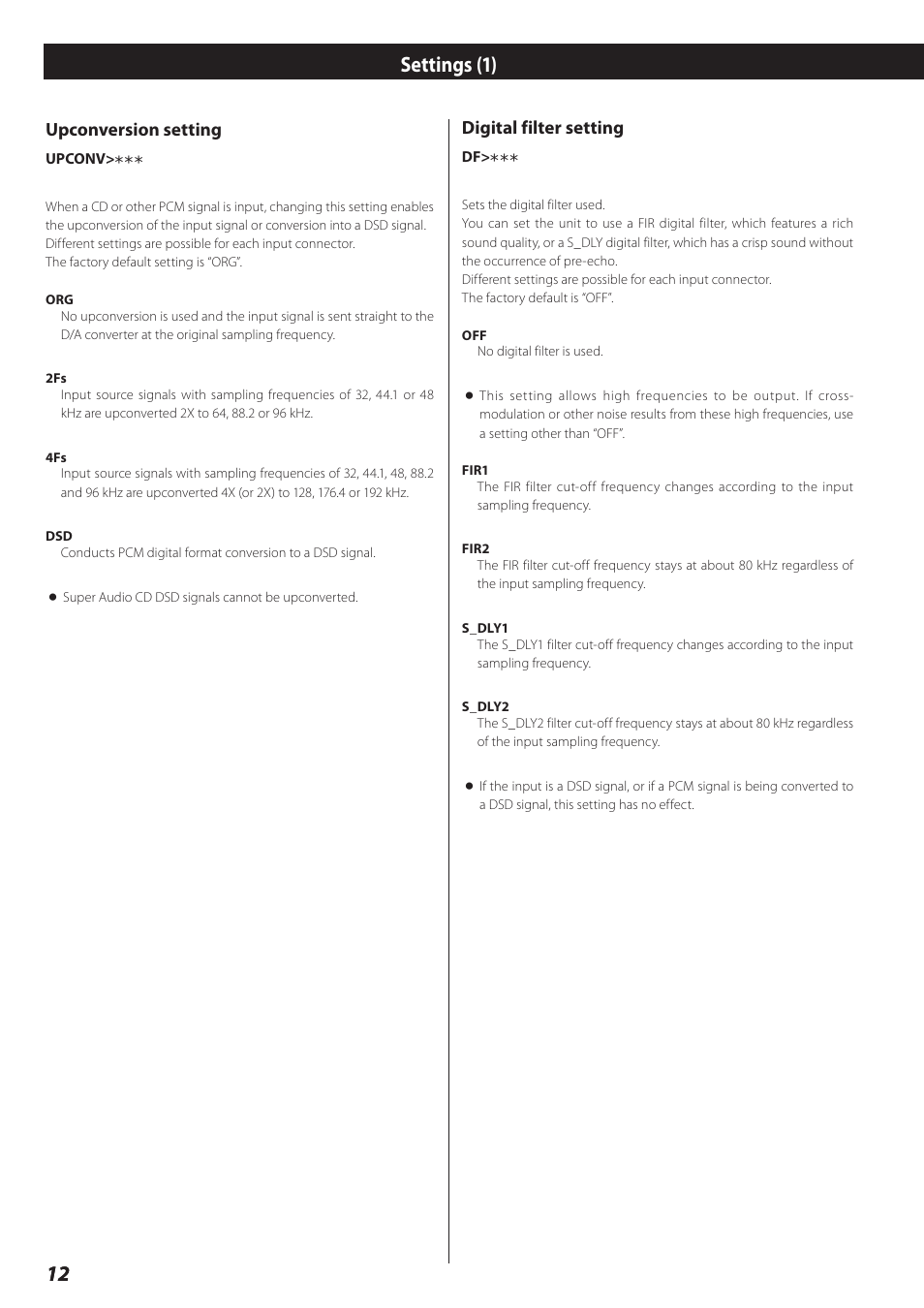 Settings (1), 12 settings (1), Upconversion setting | Digital filter setting | Teac D-02 User Manual | Page 12 / 64