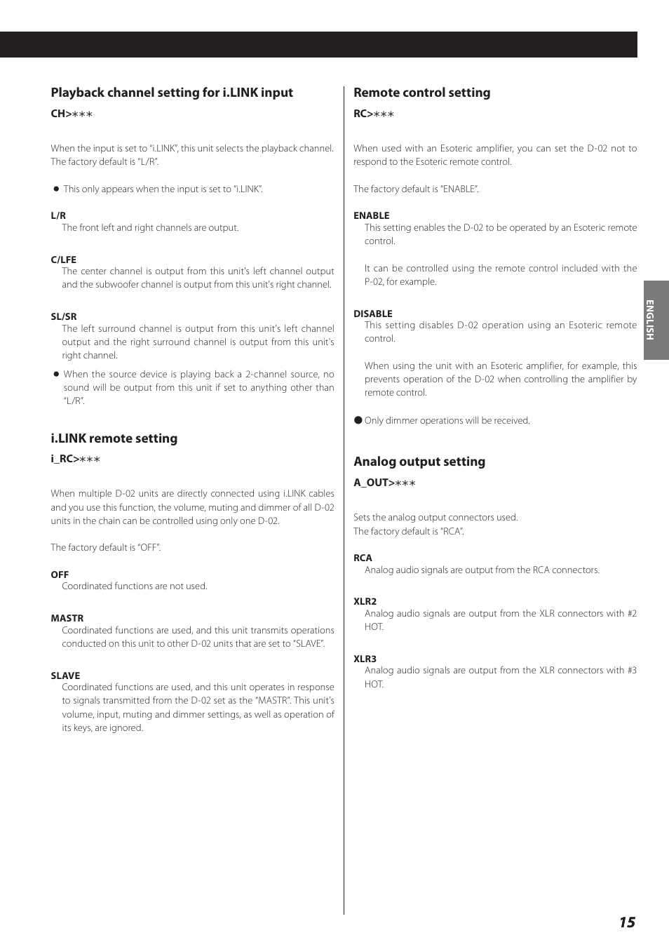 Playback channel setting for i.link input, I.link remote setting, Remote control setting | Analog output setting | Teac D-02 User Manual | Page 15 / 64