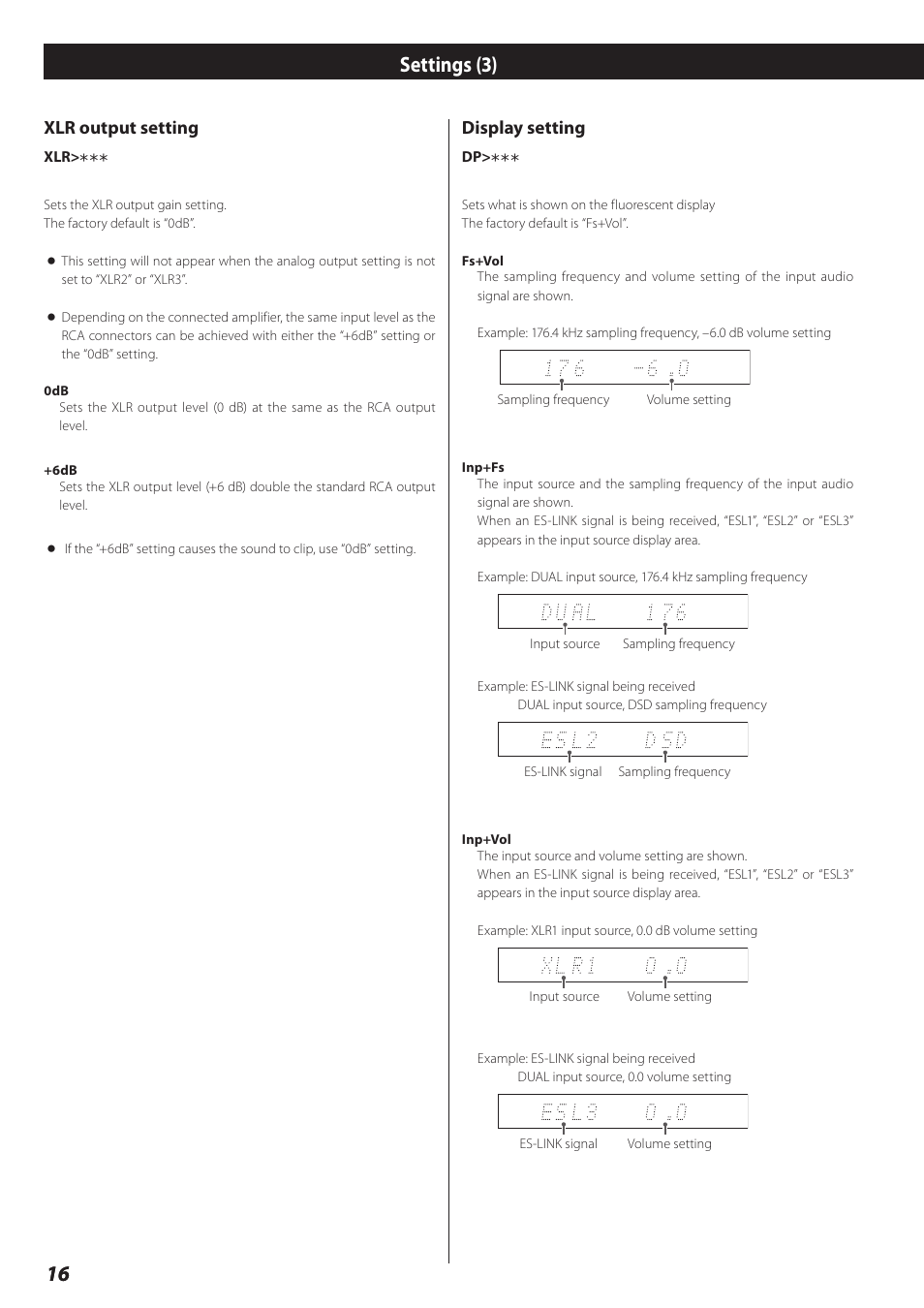 Settings (3), Xlr output setting, Display setting | Teac D-02 User Manual | Page 16 / 64