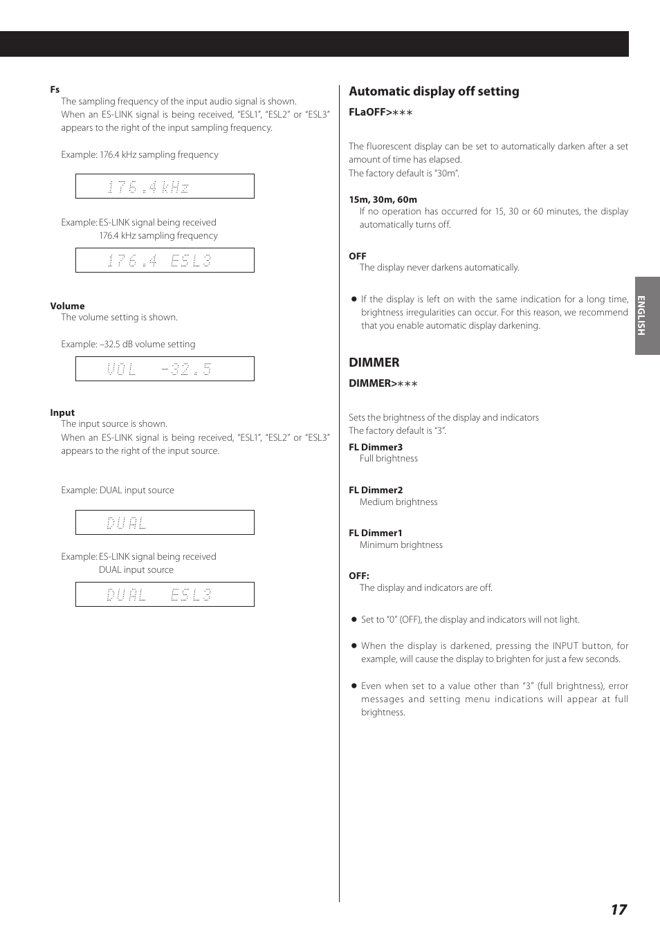 Automatic display off setting, Dimmer | Teac D-02 User Manual | Page 17 / 64