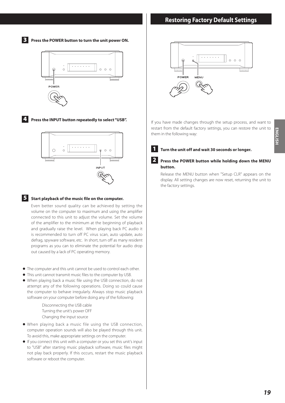 Restoring factory default settings | Teac D-02 User Manual | Page 19 / 64