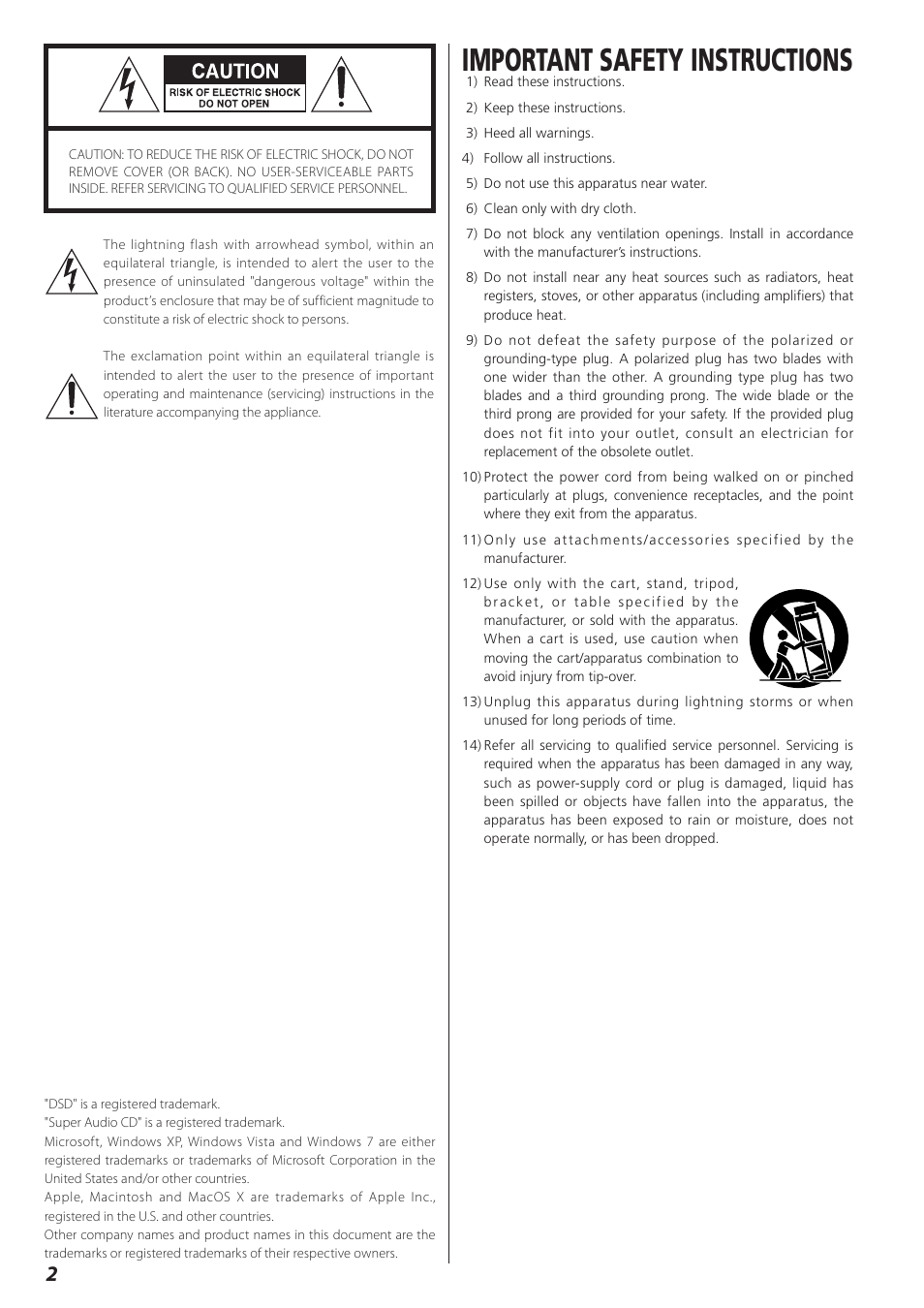 Important safety instructions | Teac D-02 User Manual | Page 2 / 64