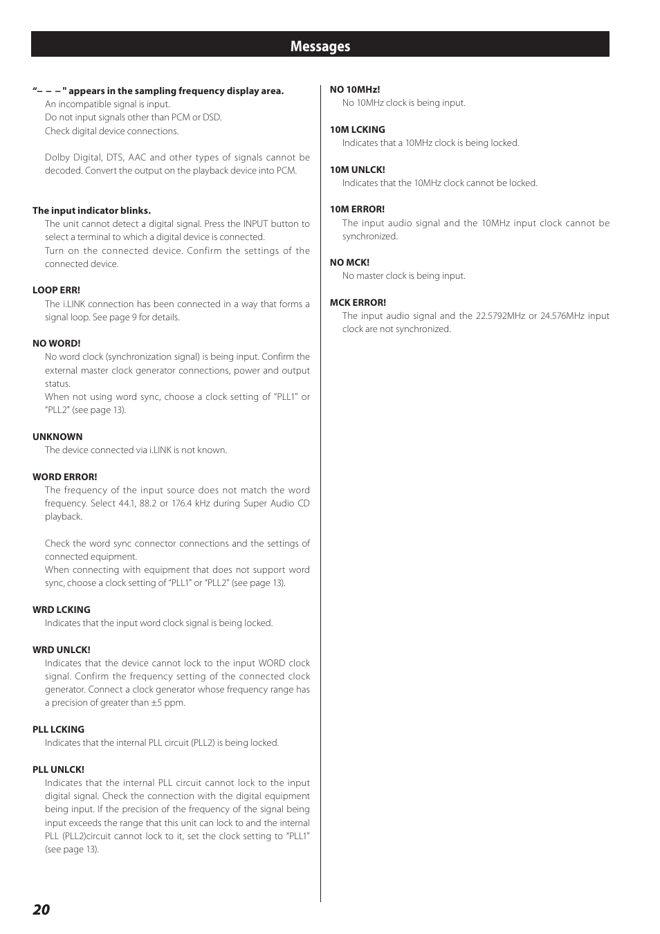 Messages, 20 messages | Teac D-02 User Manual | Page 20 / 64