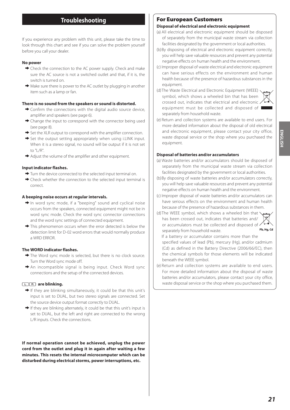 Troubleshooting, For european customers | Teac D-02 User Manual | Page 21 / 64