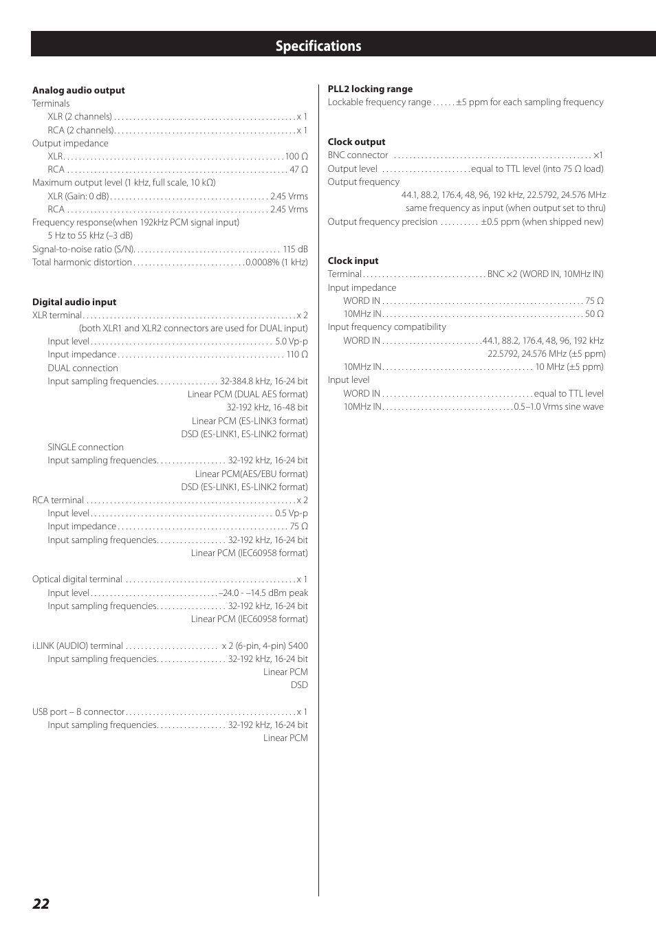 Specifications | Teac D-02 User Manual | Page 22 / 64