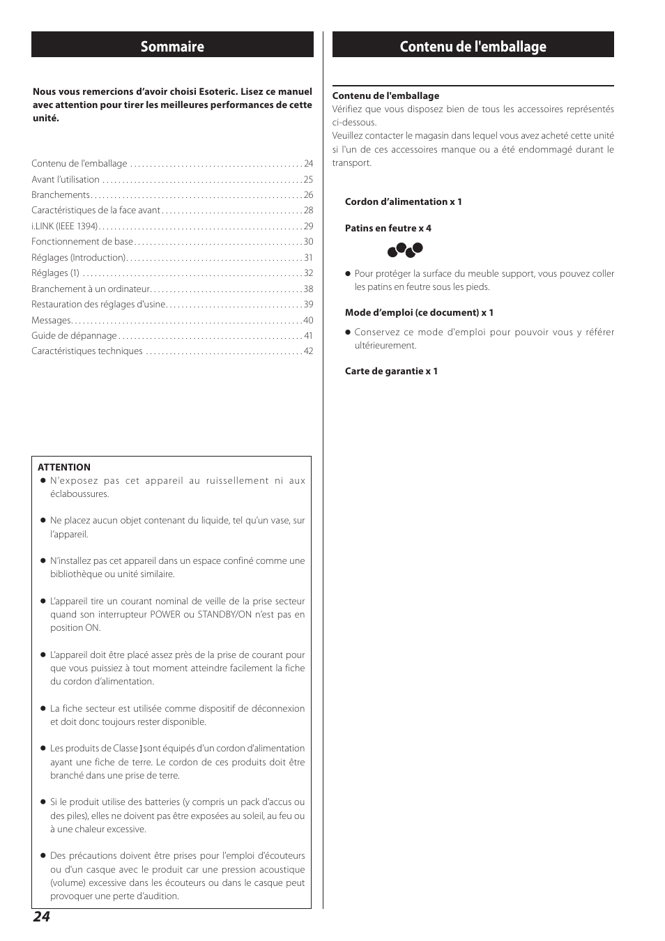 Français, Contenu de l'emballage, 24 contenu de l'emballage | Sommaire | Teac D-02 User Manual | Page 24 / 64