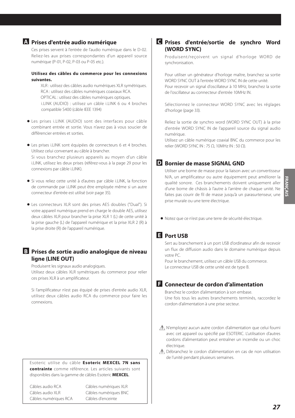 Aprises d'entrée audio numérique, Dbornier de masse signal gnd, Eport usb | Fconnecteur de cordon d’alimentation | Teac D-02 User Manual | Page 27 / 64