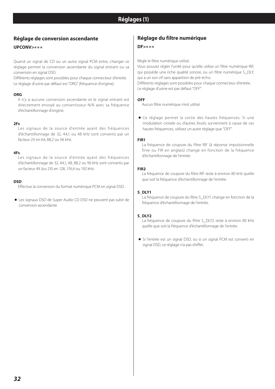 Réglages (1), 32 réglages (1), Réglage de conversion ascendante | Réglage du filtre numérique | Teac D-02 User Manual | Page 32 / 64