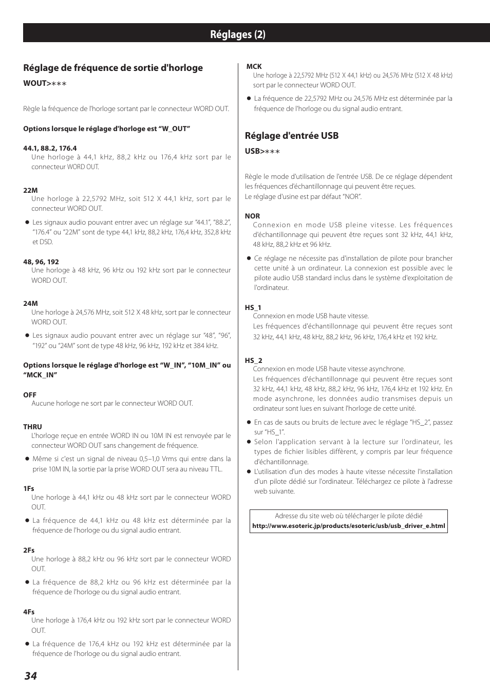 Réglages (2), Réglage de fréquence de sortie d'horloge, Réglage d'entrée usb | Teac D-02 User Manual | Page 34 / 64