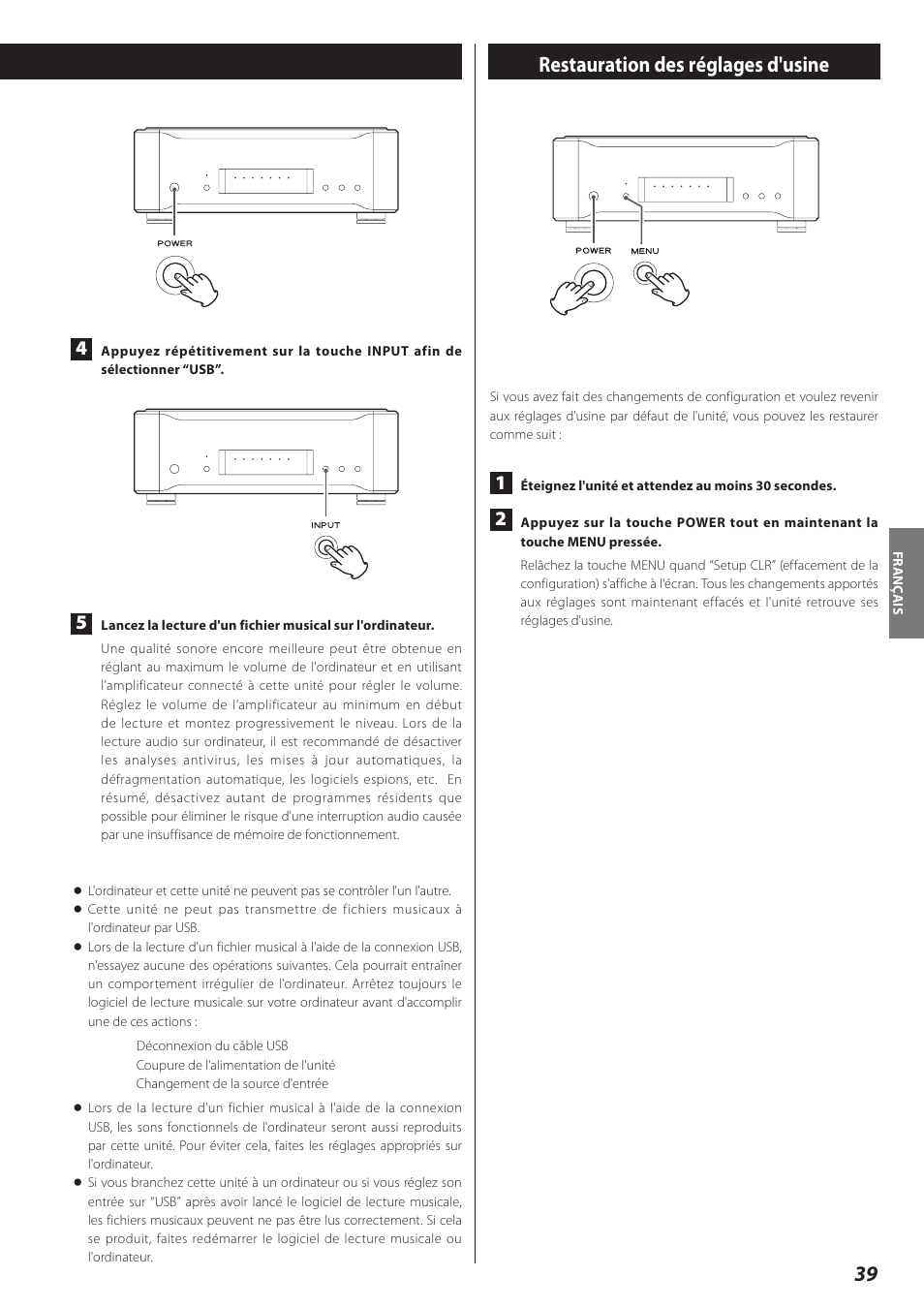 Restauration des réglages d'usine | Teac D-02 User Manual | Page 39 / 64