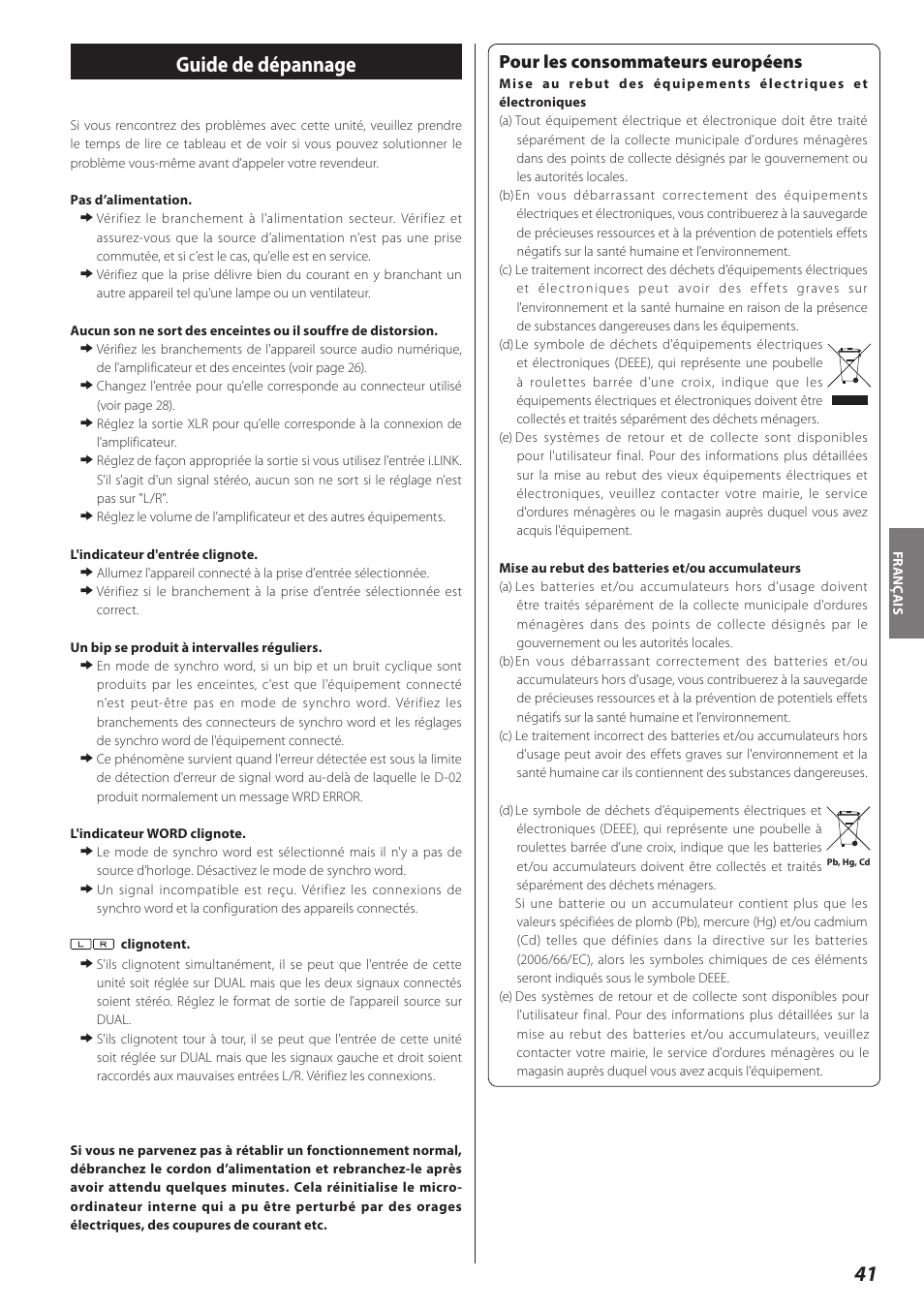 Guide de dépannage, Pour les consommateurs européens | Teac D-02 User Manual | Page 41 / 64