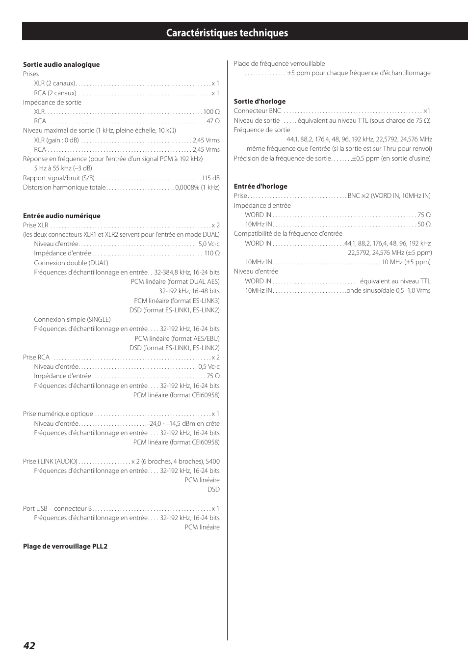 Caractéristiques techniques | Teac D-02 User Manual | Page 42 / 64