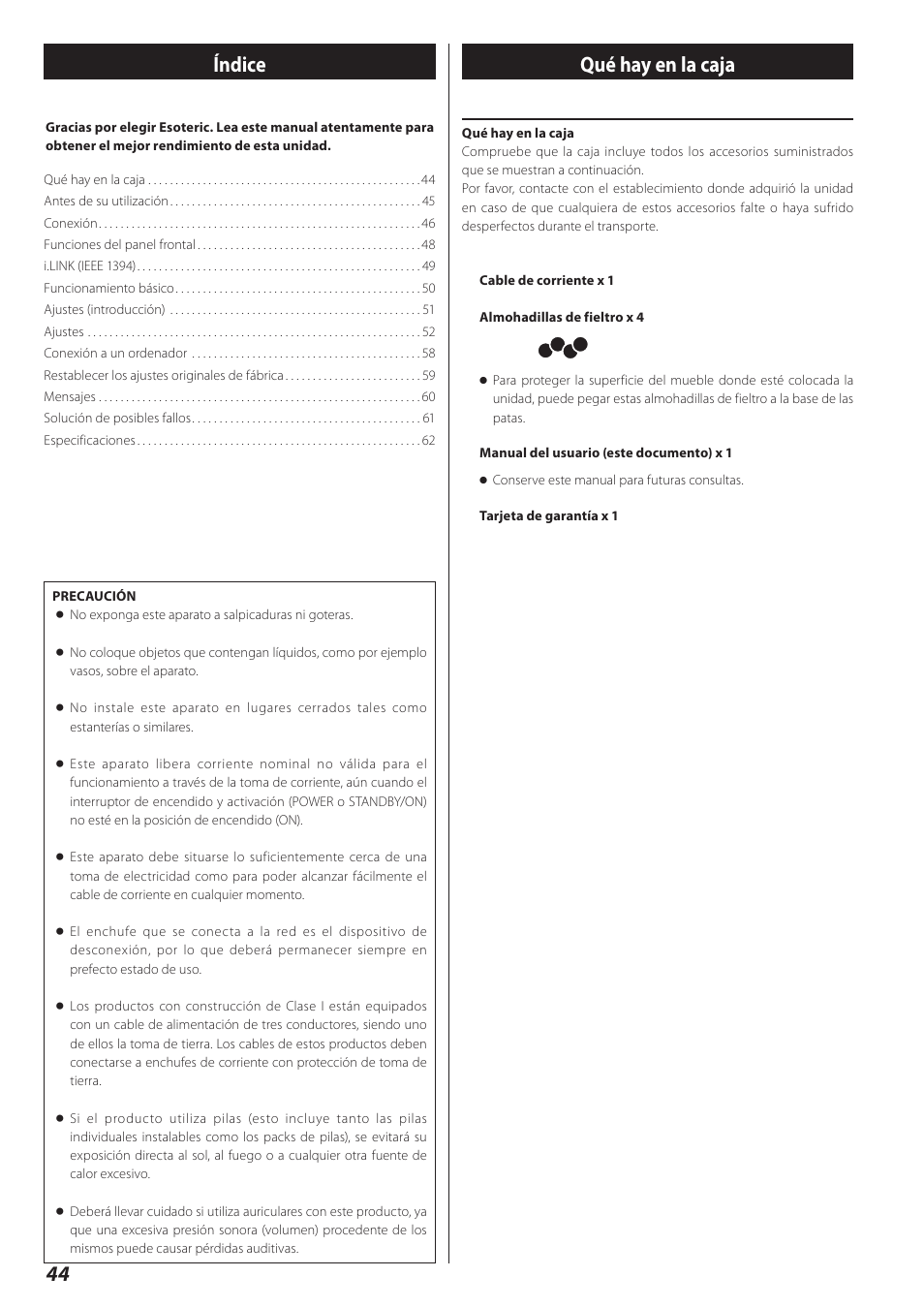 Español, Qué hay en la caja, 44 qué hay en la caja | Índice | Teac D-02 User Manual | Page 44 / 64