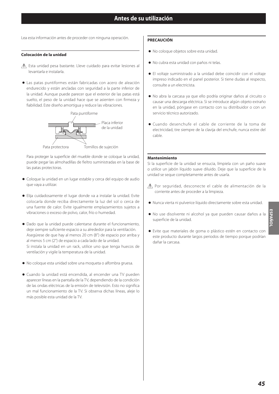 Antes de su utilización | Teac D-02 User Manual | Page 45 / 64