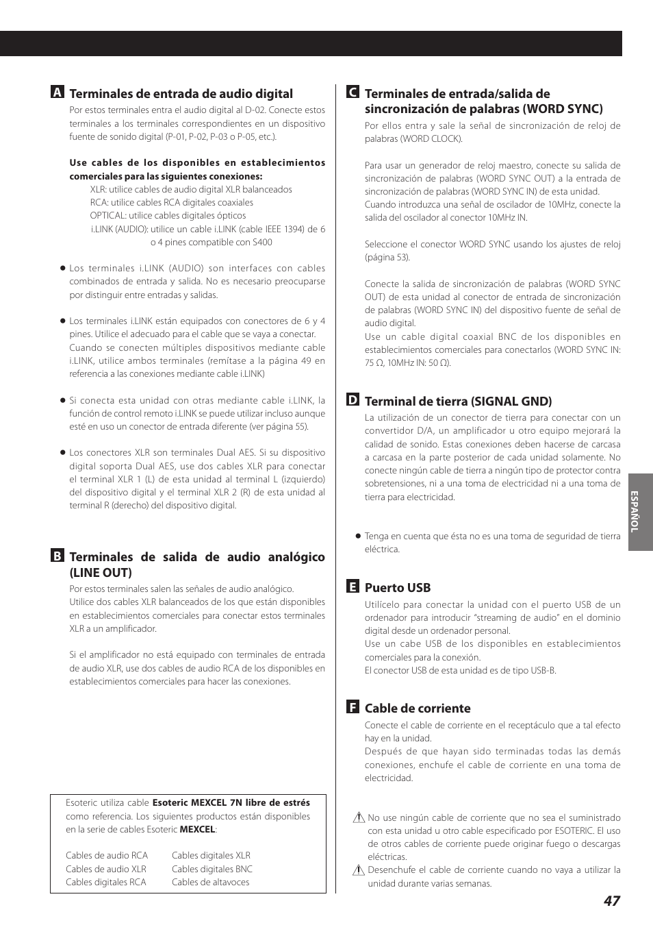 Aterminales de entrada de audio digital, Dterminal de tierra (signal gnd), Epuerto usb | Fcable de corriente | Teac D-02 User Manual | Page 47 / 64