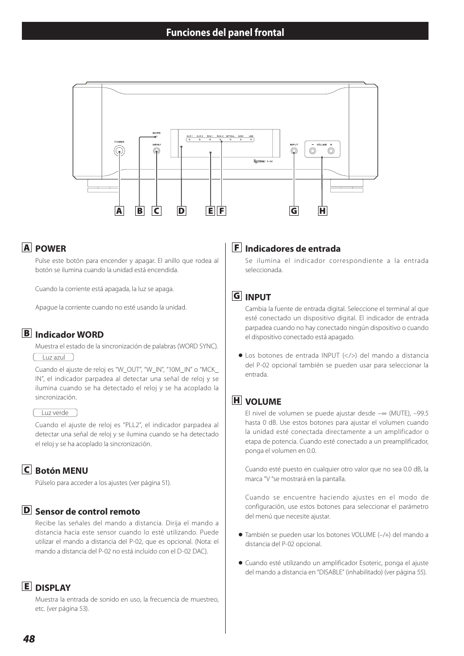 Funciones del panel frontal, 48 funciones del panel frontal | Teac D-02 User Manual | Page 48 / 64