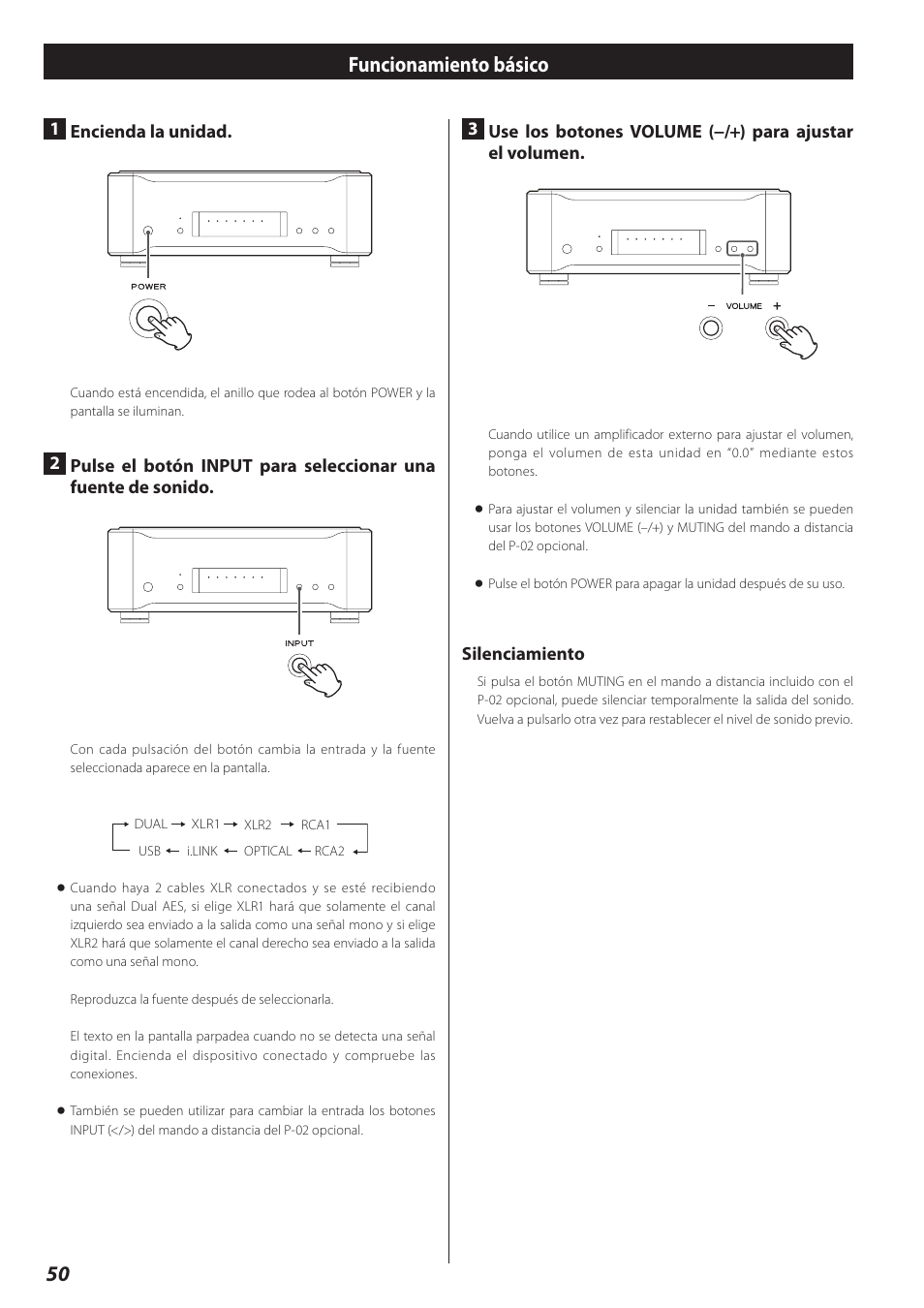 Funcionamiento básico, 50 funcionamiento básico | Teac D-02 User Manual | Page 50 / 64