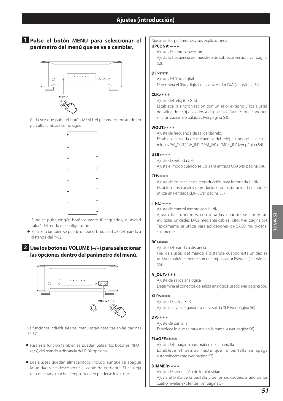 Ajustes (introducción) | Teac D-02 User Manual | Page 51 / 64