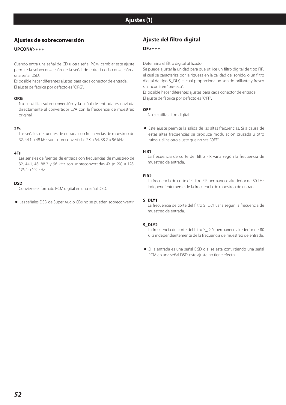 Ajustes (1), 52 ajustes (1), Ajustes de sobreconversión | Ajuste del filtro digital | Teac D-02 User Manual | Page 52 / 64