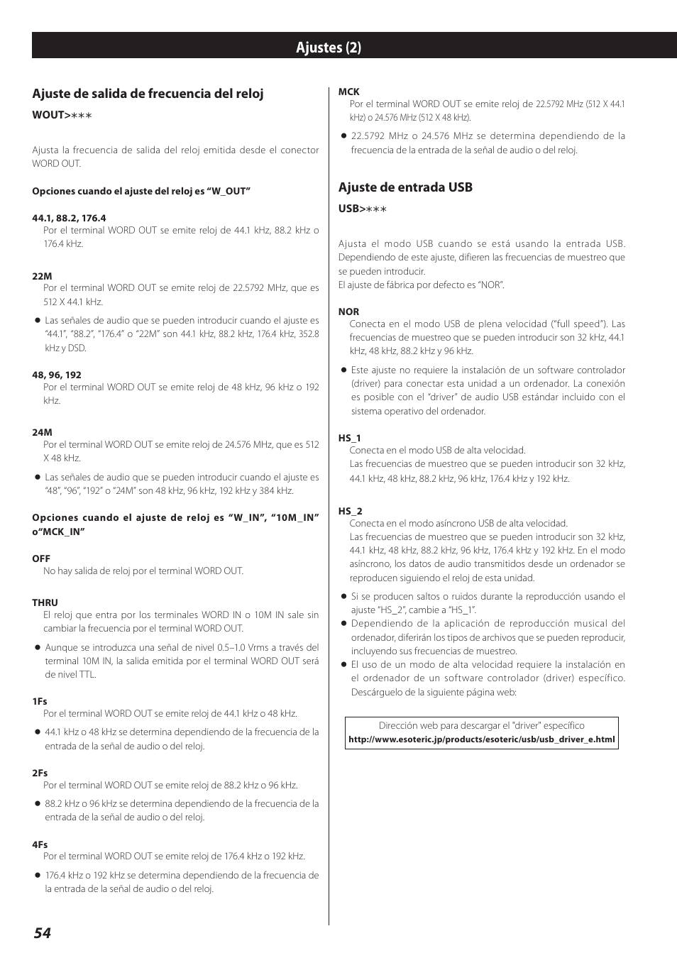 Ajustes (2), Ajuste de salida de frecuencia del reloj, Ajuste de entrada usb | Teac D-02 User Manual | Page 54 / 64