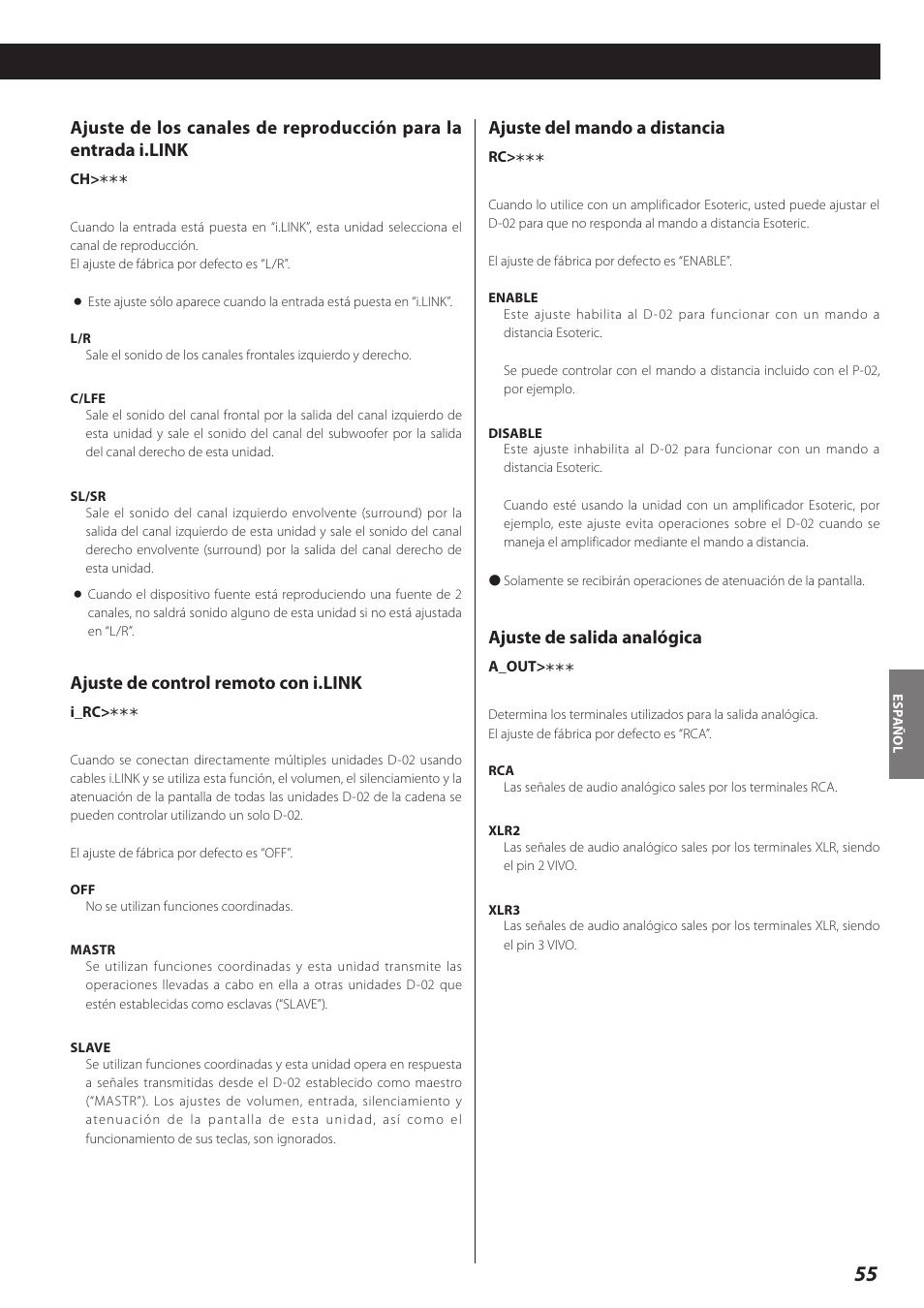 Ajuste de control remoto con i.link, Ajuste del mando a distancia, Ajuste de salida analógica | Teac D-02 User Manual | Page 55 / 64