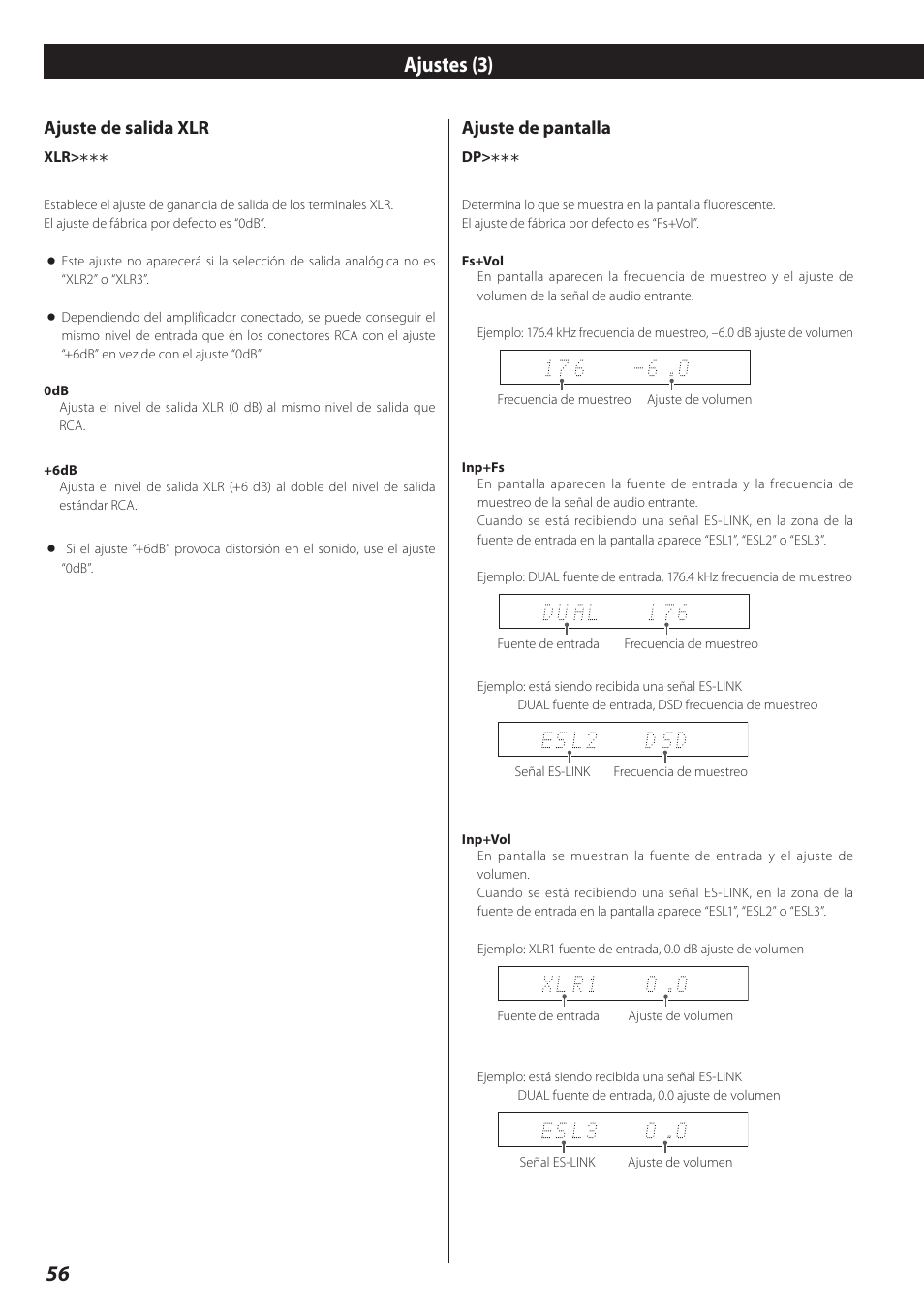 Ajustes (3), Ajuste de salida xlr, Ajuste de pantalla | Teac D-02 User Manual | Page 56 / 64