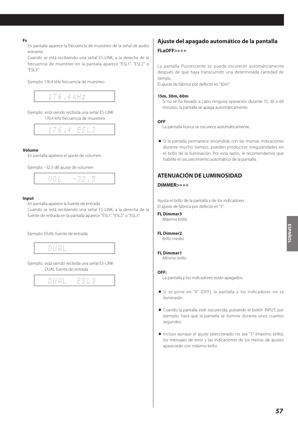 Ajuste del apagado automático de la pantalla, Atenuación de luminosidad | Teac D-02 User Manual | Page 57 / 64