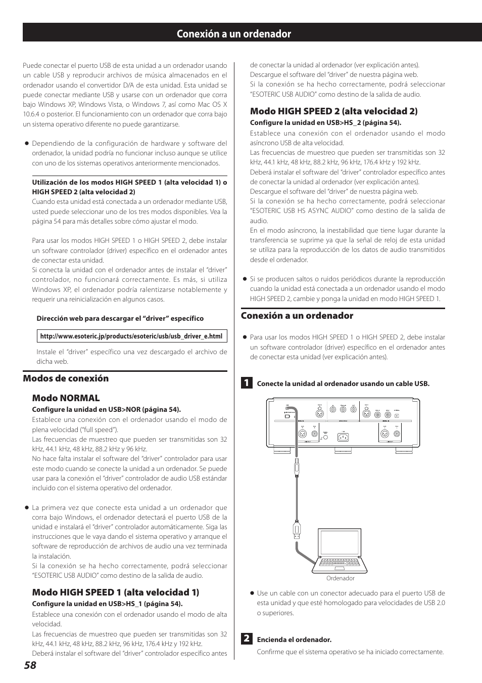 Conexión a un ordenador, Modo high speed 2 (alta velocidad 2), Modos de conexión modo normal | Modo high speed 1 (alta velocidad 1) | Teac D-02 User Manual | Page 58 / 64