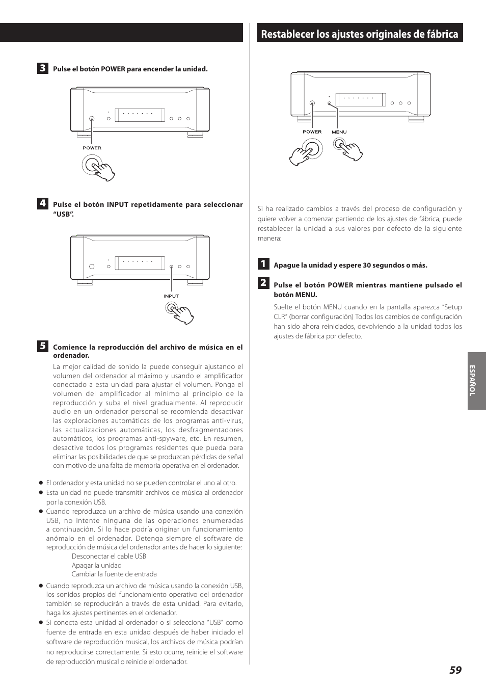 Restablecer los ajustes originales de fábrica | Teac D-02 User Manual | Page 59 / 64