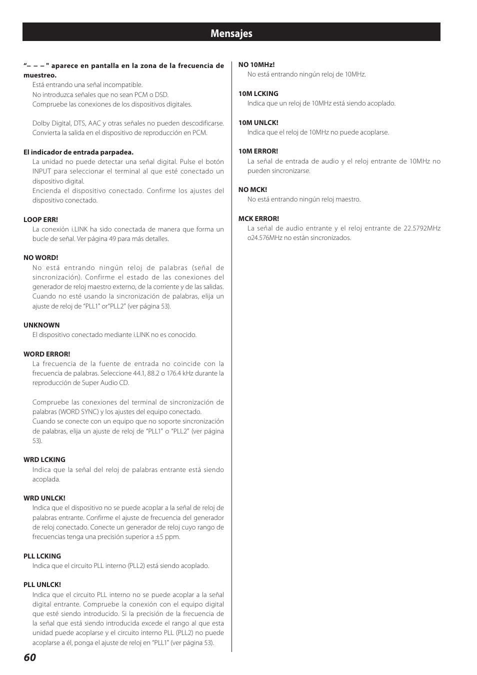 Mensajes, 60 mensajes | Teac D-02 User Manual | Page 60 / 64