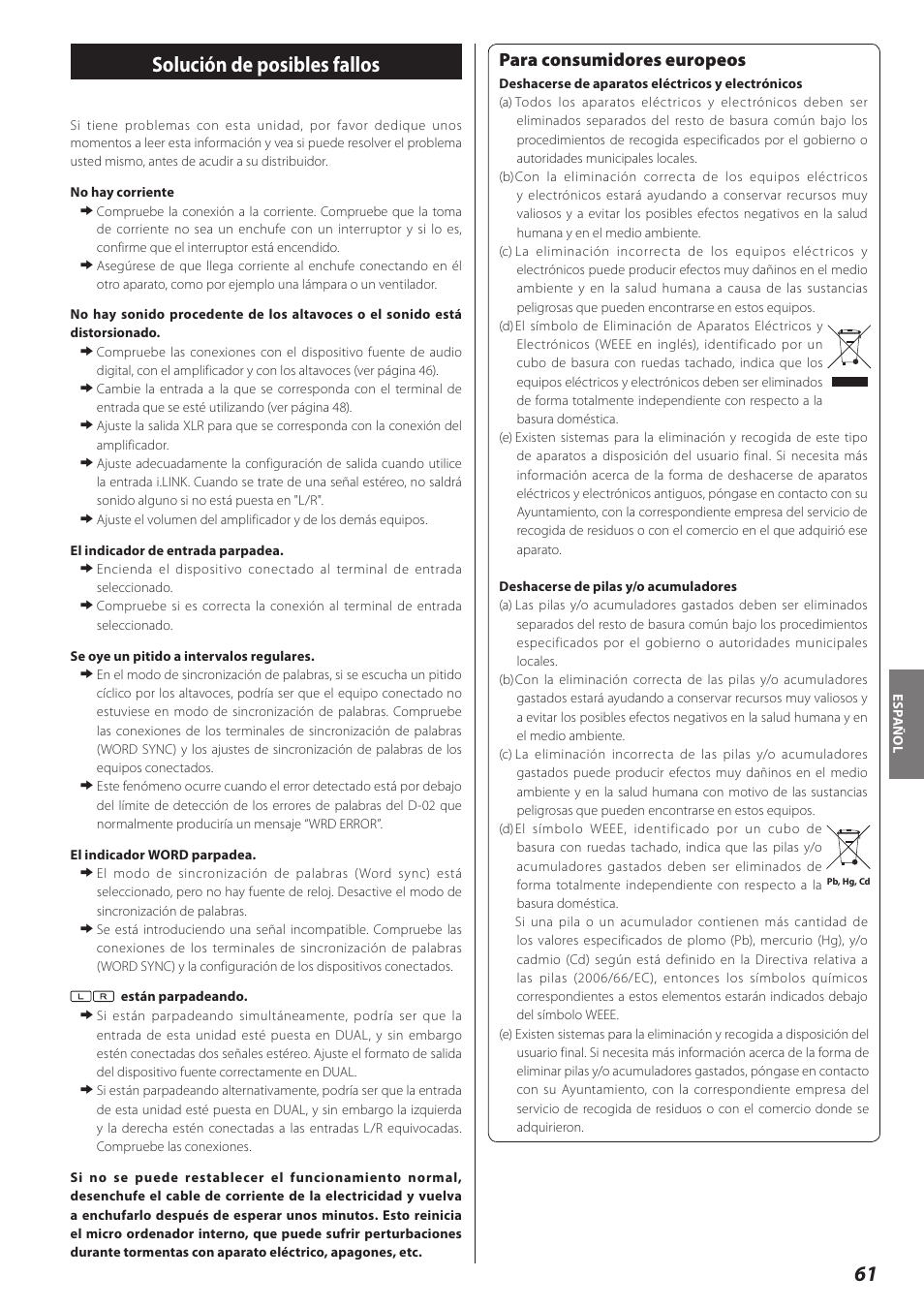 Solución de posibles fallos, Para consumidores europeos | Teac D-02 User Manual | Page 61 / 64