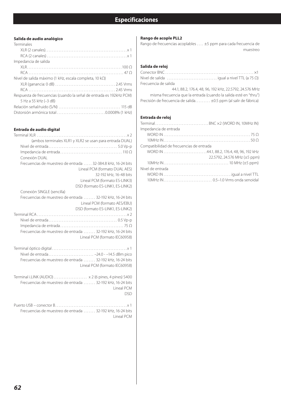 Especificaciones | Teac D-02 User Manual | Page 62 / 64