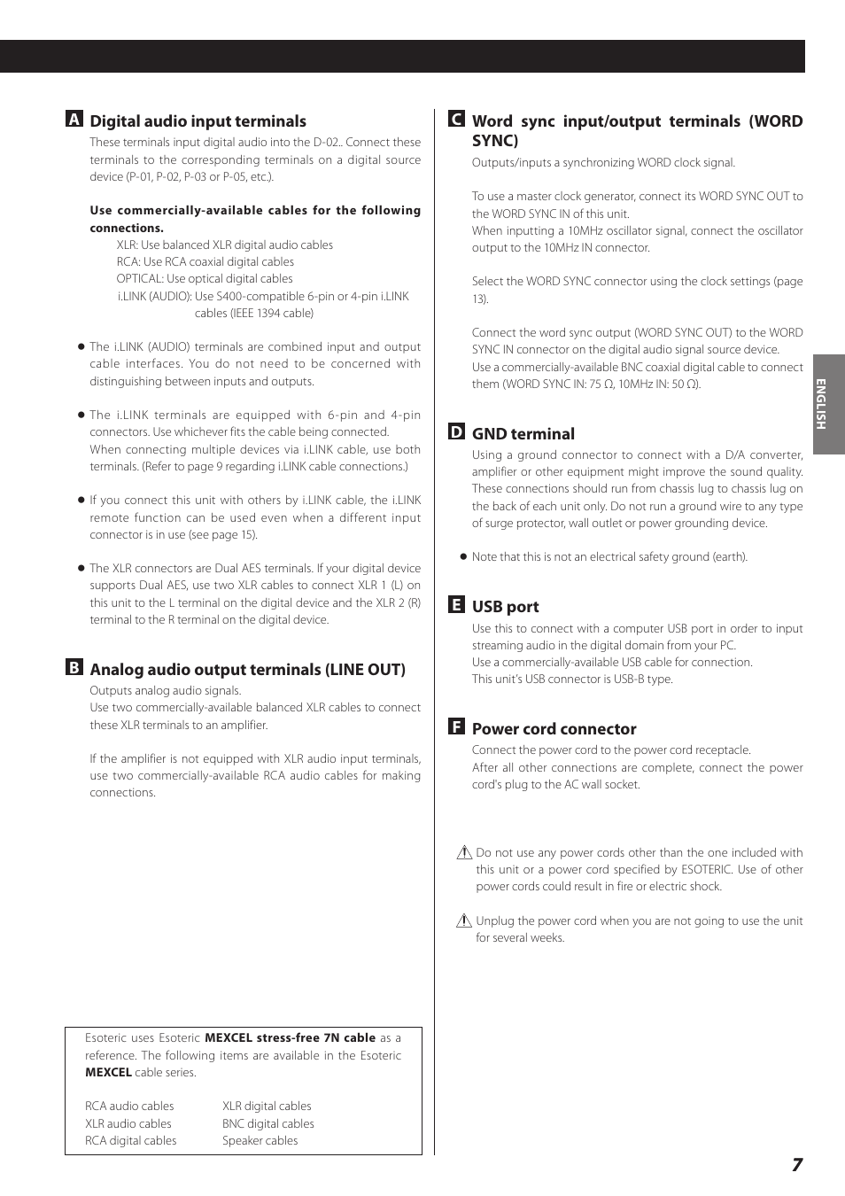 Adigital audio input terminals, Banalog audio output terminals (line out), Cword sync input/output terminals (word sync) | Dgnd terminal, Eusb port, Fpower cord connector | Teac D-02 User Manual | Page 7 / 64