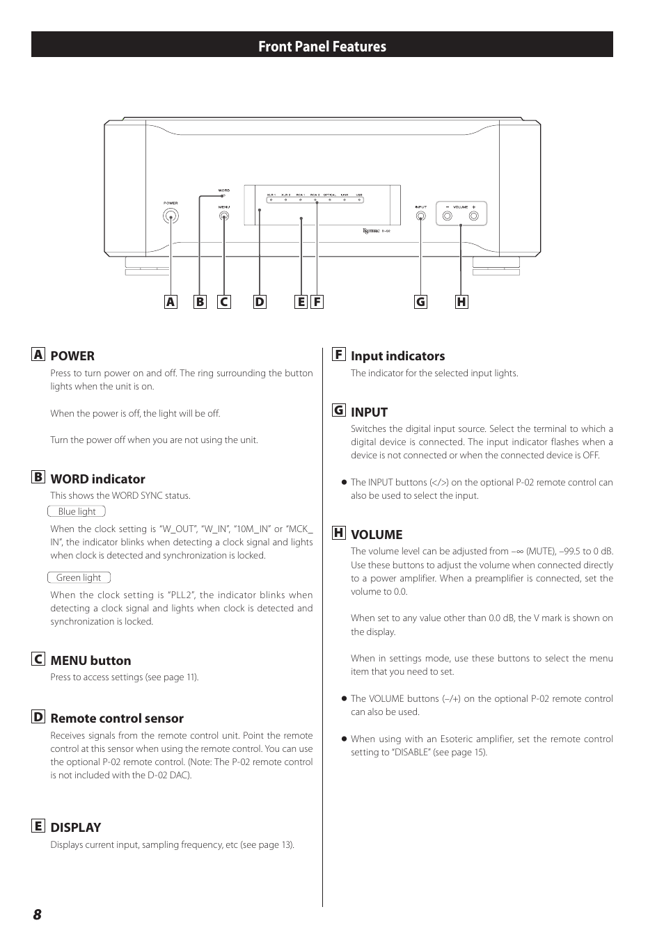 Front panel features, 88 front panel features | Teac D-02 User Manual | Page 8 / 64