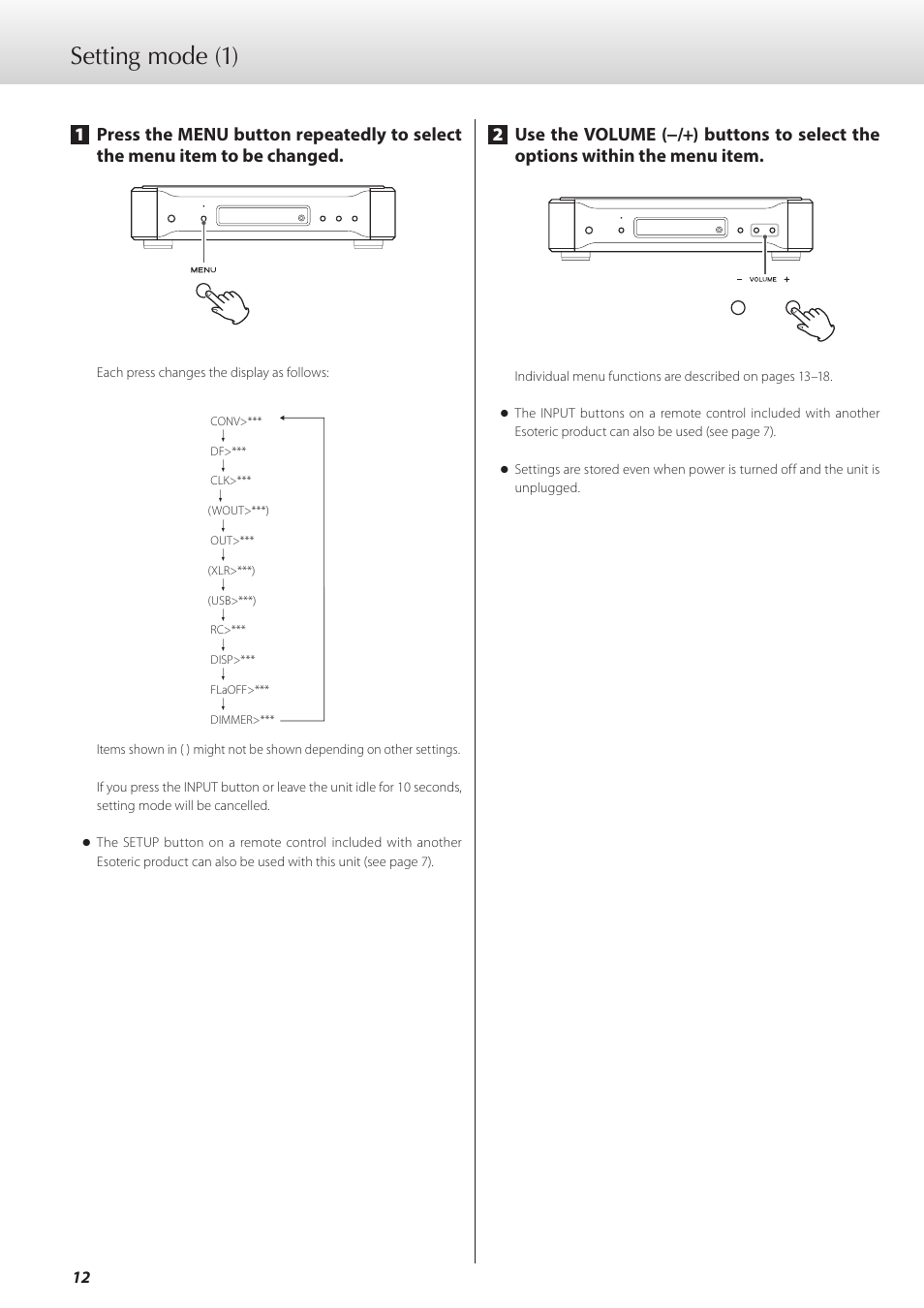 Setting mode, Setting mode (1) | Teac D-07x User Manual | Page 12 / 68