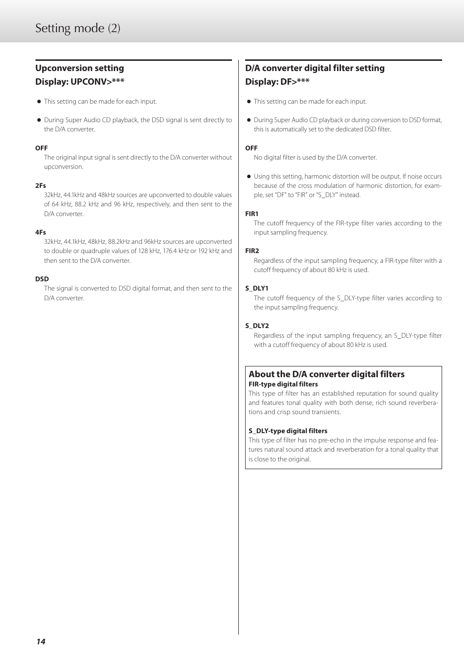 Setting mode (2), Upconversion setting display: upconv, D/a converter digital filter setting display: df | About the d/a converter digital filters | Teac D-07x User Manual | Page 14 / 68