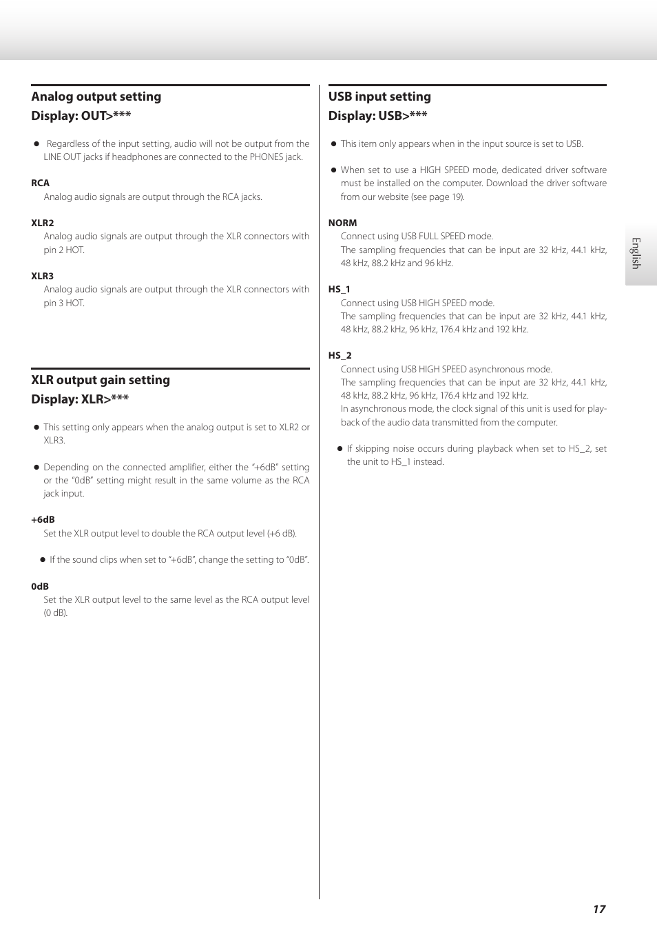 Analog output setting display: out, Xlr output gain setting display: xlr, Usb input setting display: usb | Teac D-07x User Manual | Page 17 / 68