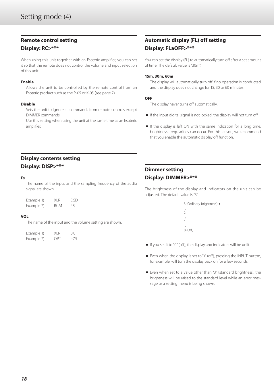 Setting mode (4), Remote control setting display: rc, Display contents setting display: disp | Automatic display (fl) off setting display: flaoff, Dimmer setting display: dimmer | Teac D-07x User Manual | Page 18 / 68