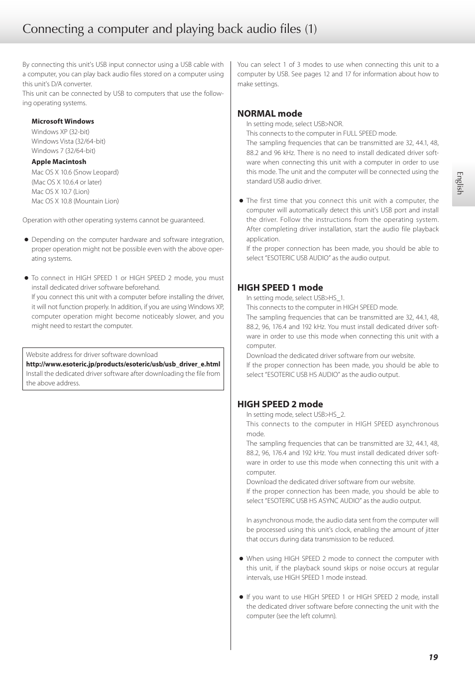 Connecting a computer and playing back audio files, Normal mode, High speed 1 mode | High speed 2 mode | Teac D-07x User Manual | Page 19 / 68