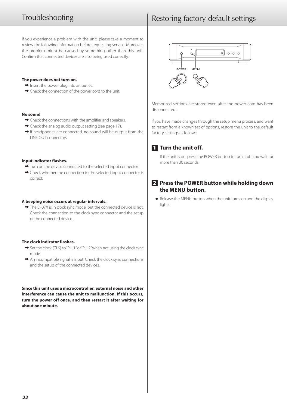 Troubleshooting, Restoring factory default settings, 1turn the unit off | Teac D-07x User Manual | Page 22 / 68