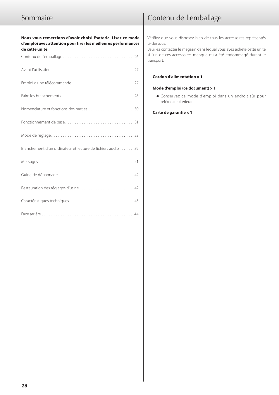 Contenu de l'emballage, Sommaire contenu de l'emballage | Teac D-07x User Manual | Page 26 / 68