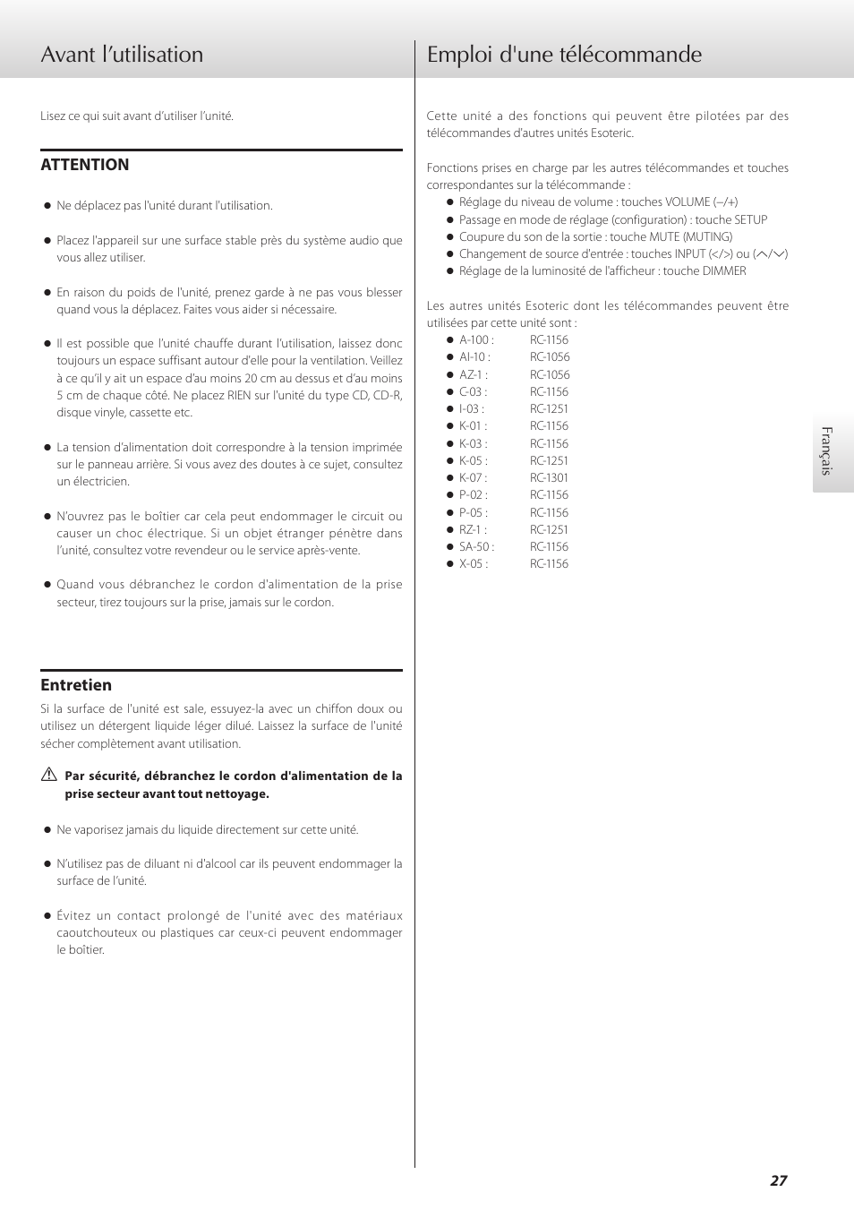 Avant l’utilisation, Emploi d'une télécommande, Avant l’utilisation emploi d'une télécommande | Attention, Entretien | Teac D-07x User Manual | Page 27 / 68
