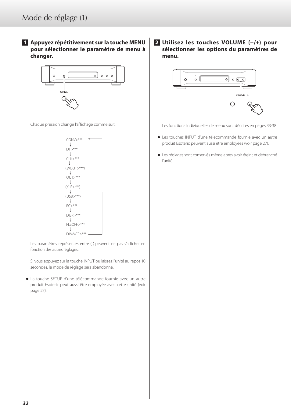 Mode de réglage, Mode de réglage (1) | Teac D-07x User Manual | Page 32 / 68