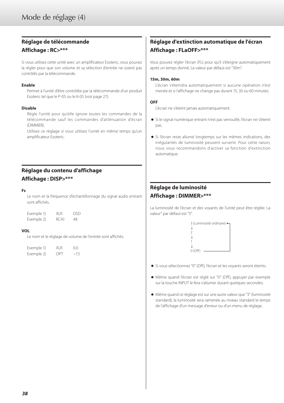 Mode de réglage (4), Réglage de télécommande affichage : rc, Réglage du contenu d'affichage affichage : disp | Réglage de luminosité affichage : dimmer | Teac D-07x User Manual | Page 38 / 68