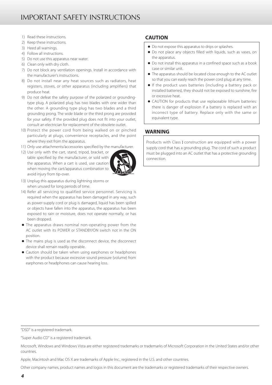 Important safety instructions, Caution warning | Teac D-07x User Manual | Page 4 / 68