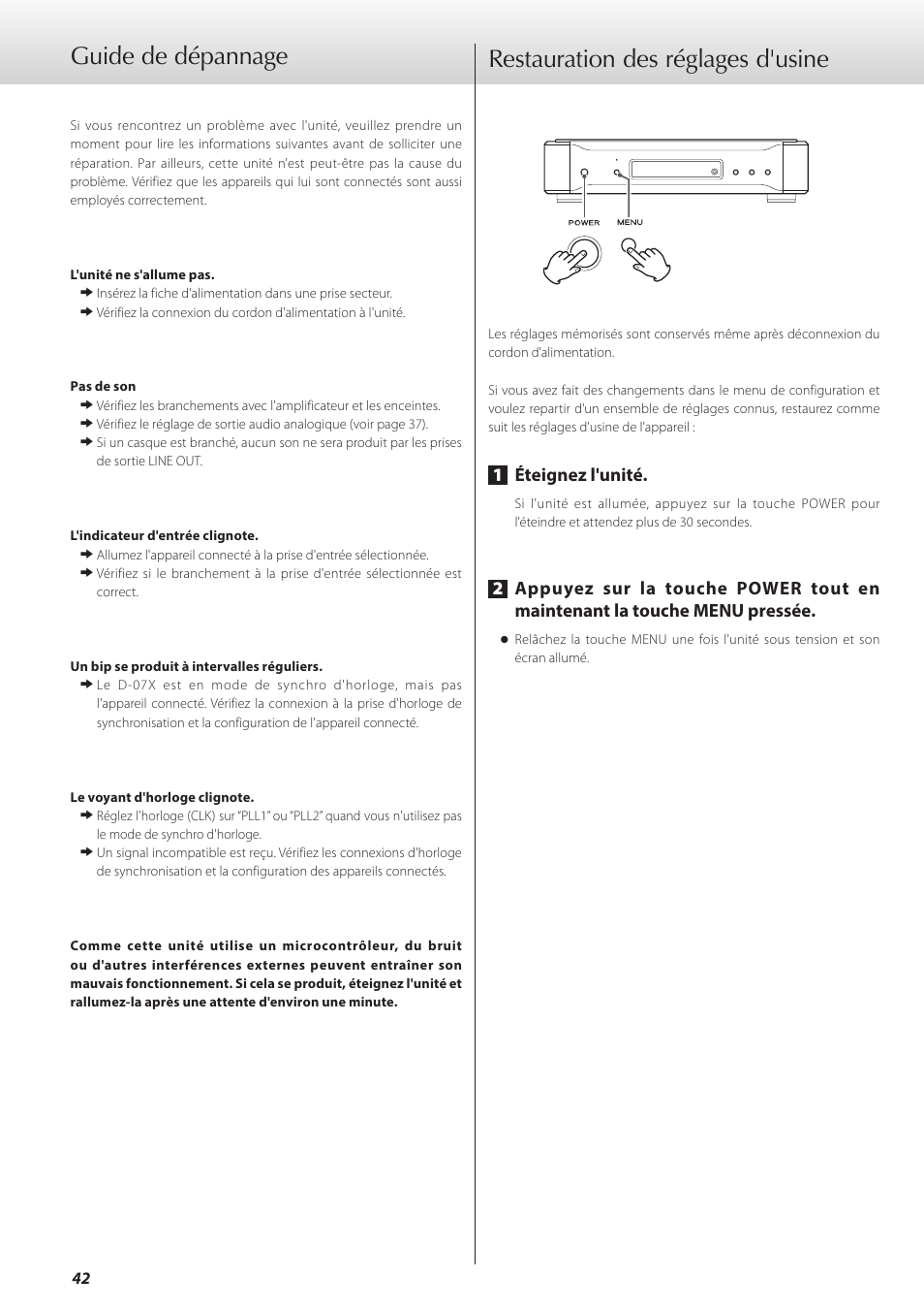 Guide de dépannage, Restauration des réglages d'usine, 1éteignez l'unité | Teac D-07x User Manual | Page 42 / 68