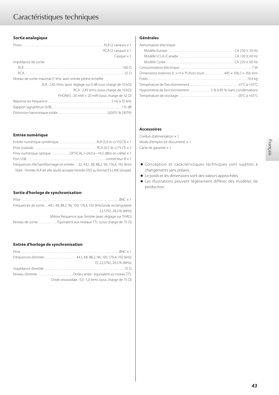 Caractéristiques techniques | Teac D-07x User Manual | Page 43 / 68