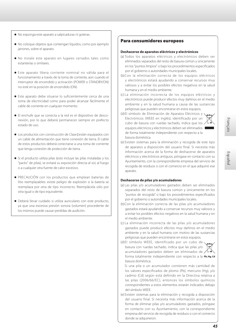 Español, Para consumidores europeos | Teac D-07x User Manual | Page 45 / 68