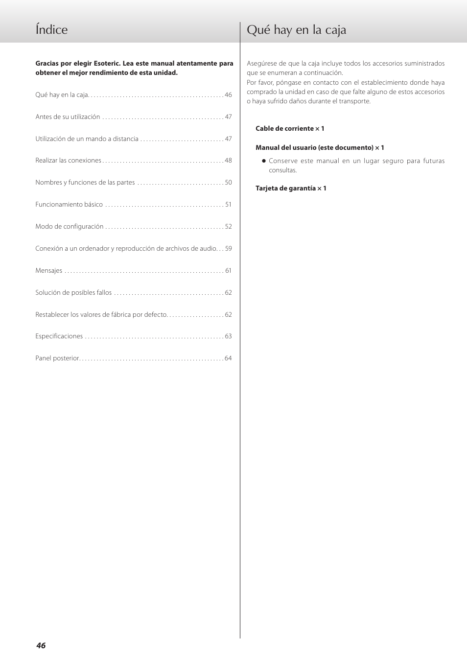 Qué hay en la caja, Índice qué hay en la caja | Teac D-07x User Manual | Page 46 / 68