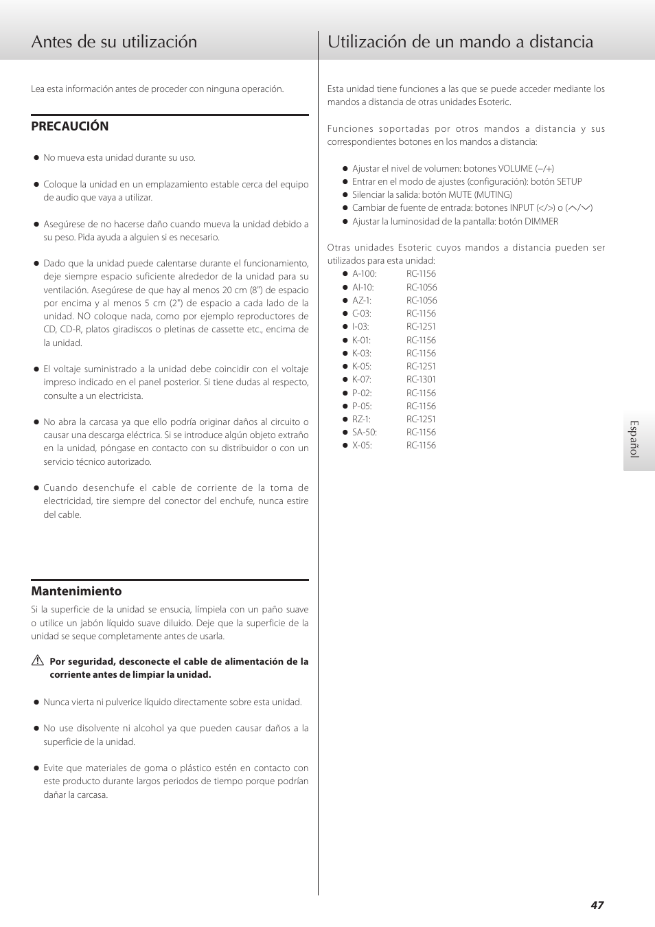 Antes de su utilización, Utilización de un mando a distancia, Precaución | Mantenimiento | Teac D-07x User Manual | Page 47 / 68